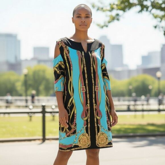 eva varro Dresses & Skirts - Eva Varro Multi Color Dress Tunic Sz M "Versace Style" Cut Out Shoulders Vneck